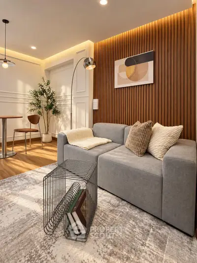 Modern living room with stylish decor and cozy seating area