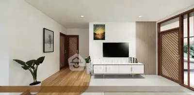 Modern living room with stylish decor and wooden accents