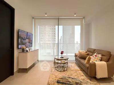 Modern living room with city view, stylish furniture, and natural light.