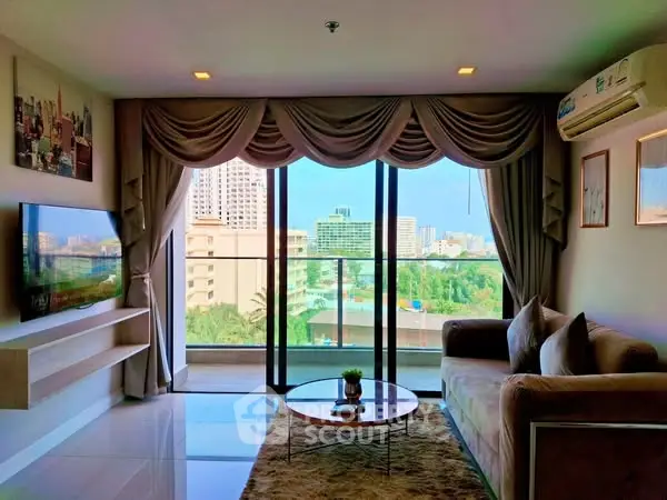 Luxurious living room with stunning city view and elegant decor
