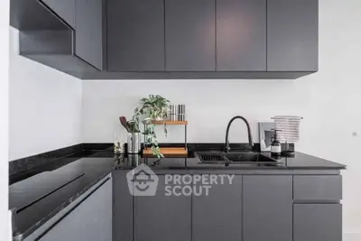 Modern kitchen with sleek black cabinetry and minimalist design