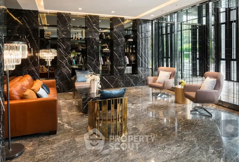 Luxurious modern living room with marble floors and elegant furniture