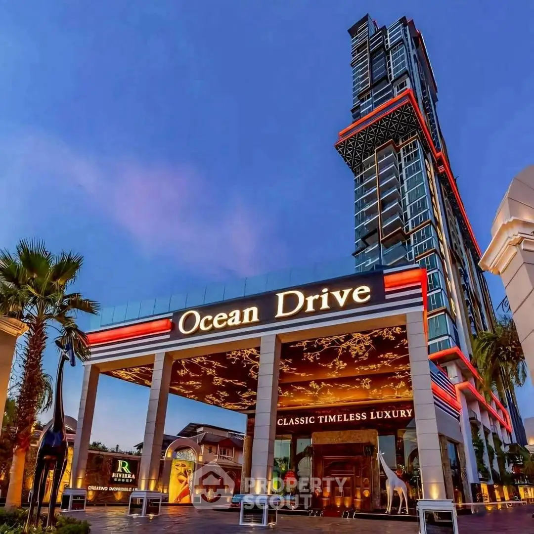 Luxurious high-rise building with elegant entrance and modern architecture at Ocean Drive.