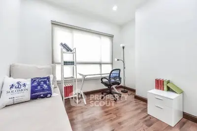 Bright study room with modern furniture and wooden flooring