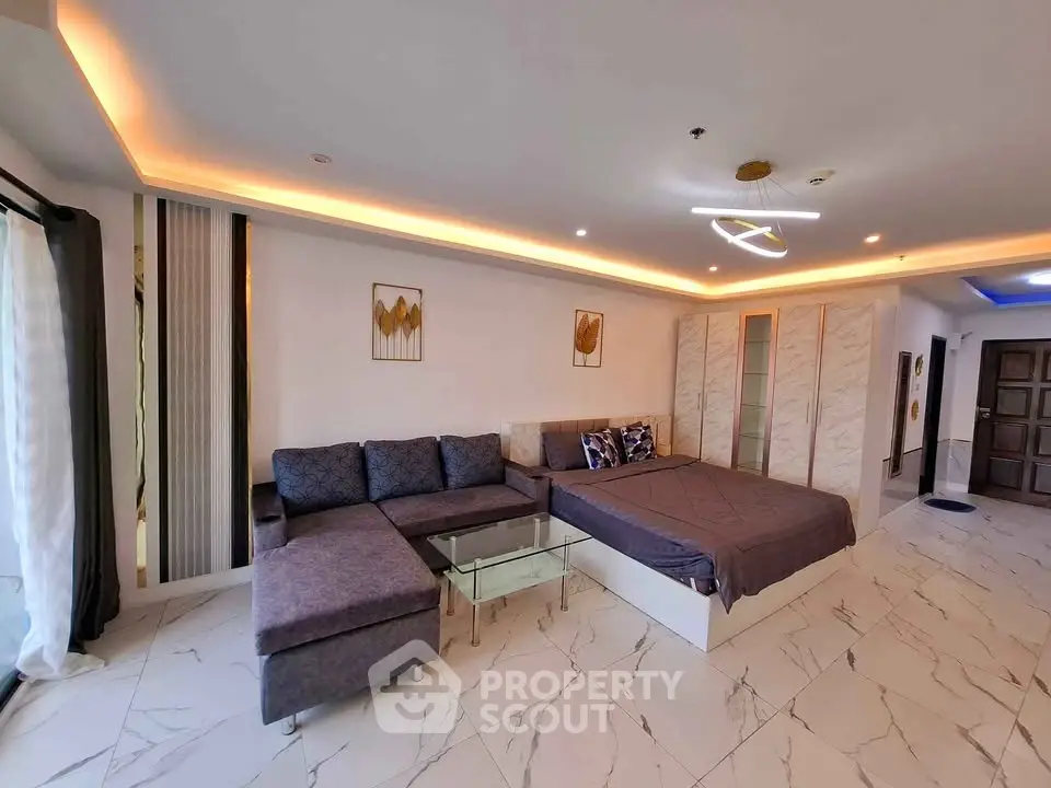 Luxurious modern living room with elegant marble flooring and stylish furniture