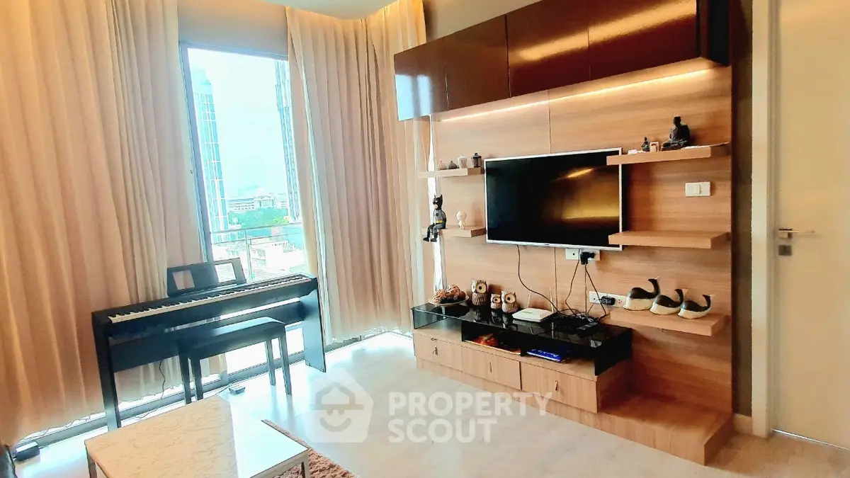 Modern living room with piano and wall-mounted TV, featuring floor-to-ceiling windows and elegant decor.