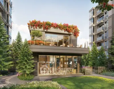 Modern building with lush rooftop garden and glass facade in urban setting