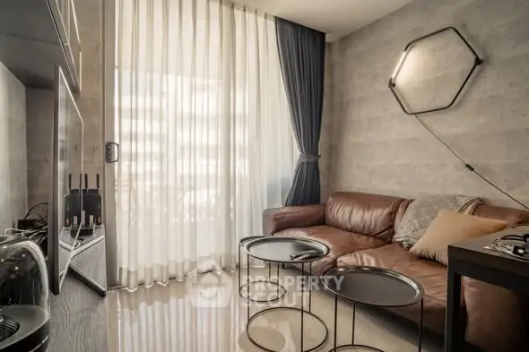 Stylish modern living room with leather sofa and elegant decor