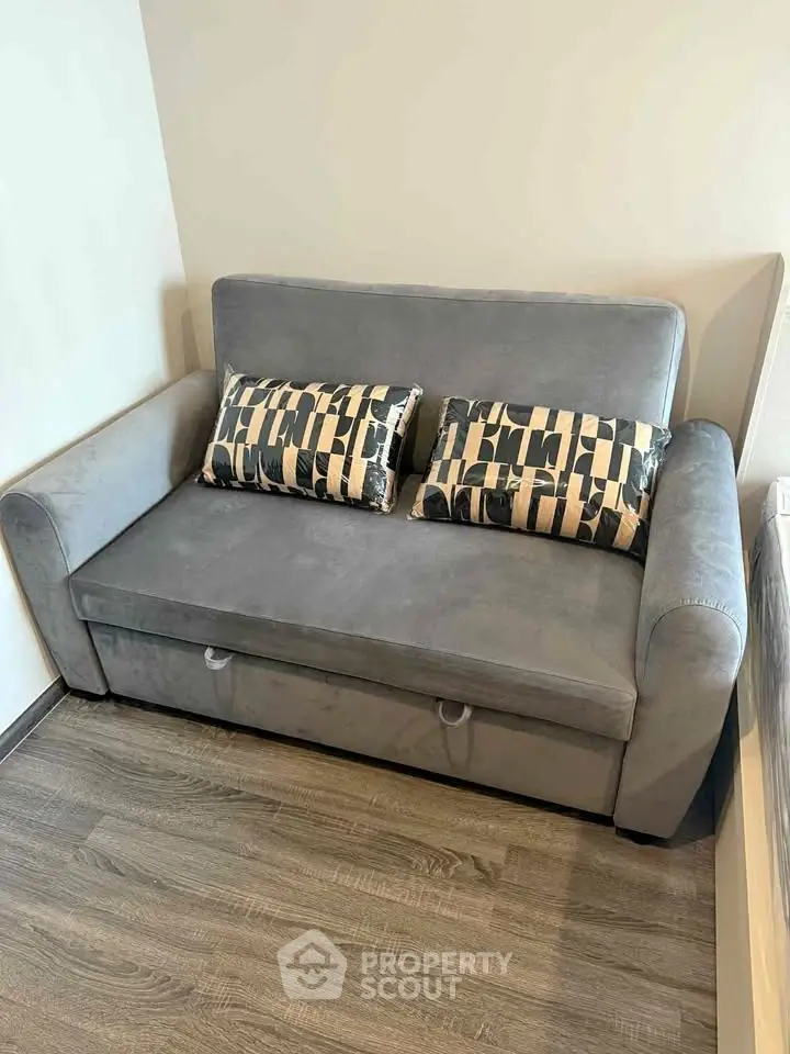 Cozy living room with modern gray sofa and stylish cushions on wooden flooring.