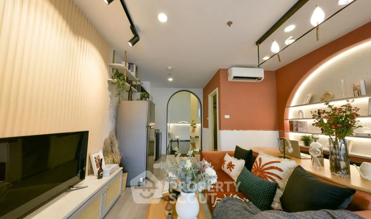 Stylish modern living room with cozy decor and ambient lighting