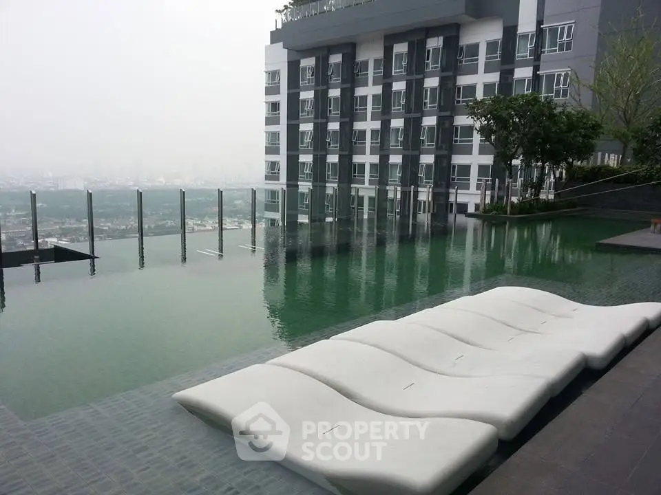 Luxurious rooftop pool with stunning city view in modern high-rise building.