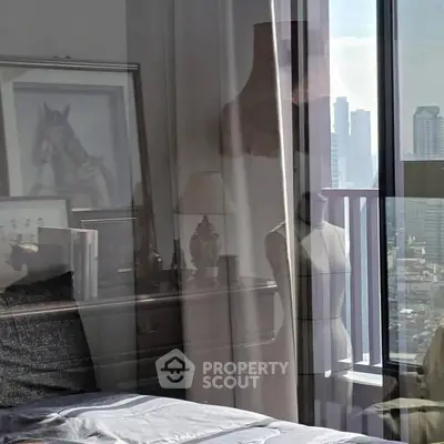 Modern bedroom with city view and stylish decor