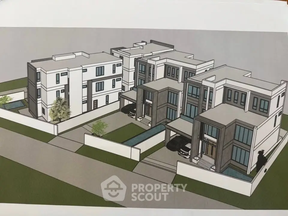 Modern architectural rendering of a contemporary residential complex with sleek design and spacious layout.