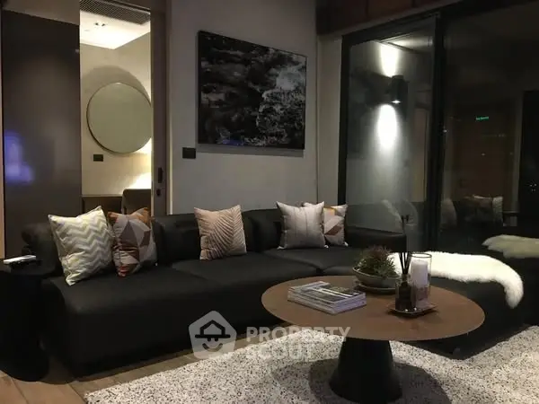 Luxurious modern living room with stylish decor and cozy ambiance.