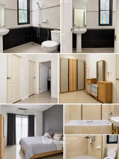 Modern apartment interior with bedroom, bathroom, and stylish furnishings.