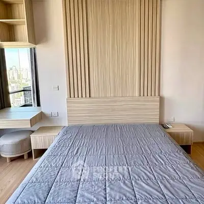 Modern bedroom with stylish wood paneling and city view