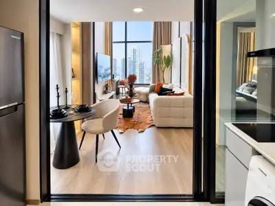 Modern open-plan living room with stylish decor and city view