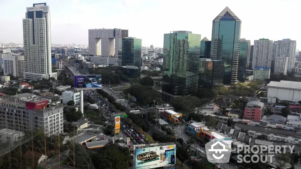 Stunning cityscape view showcasing modern skyscrapers and bustling urban life.