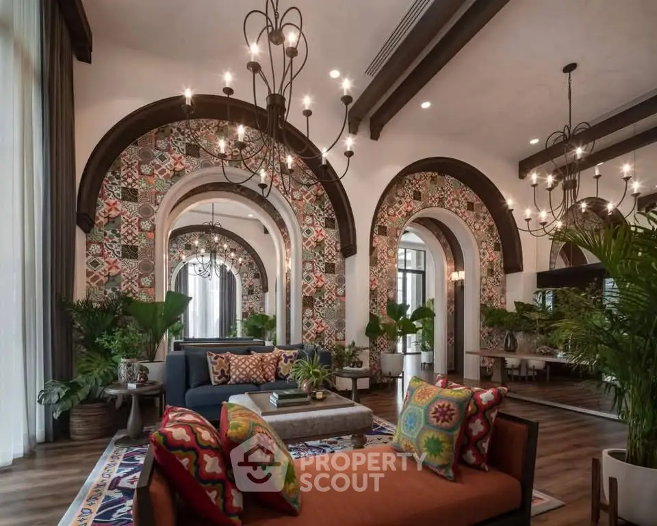 Luxurious living room with vibrant decor and elegant arches, perfect for stylish entertaining.