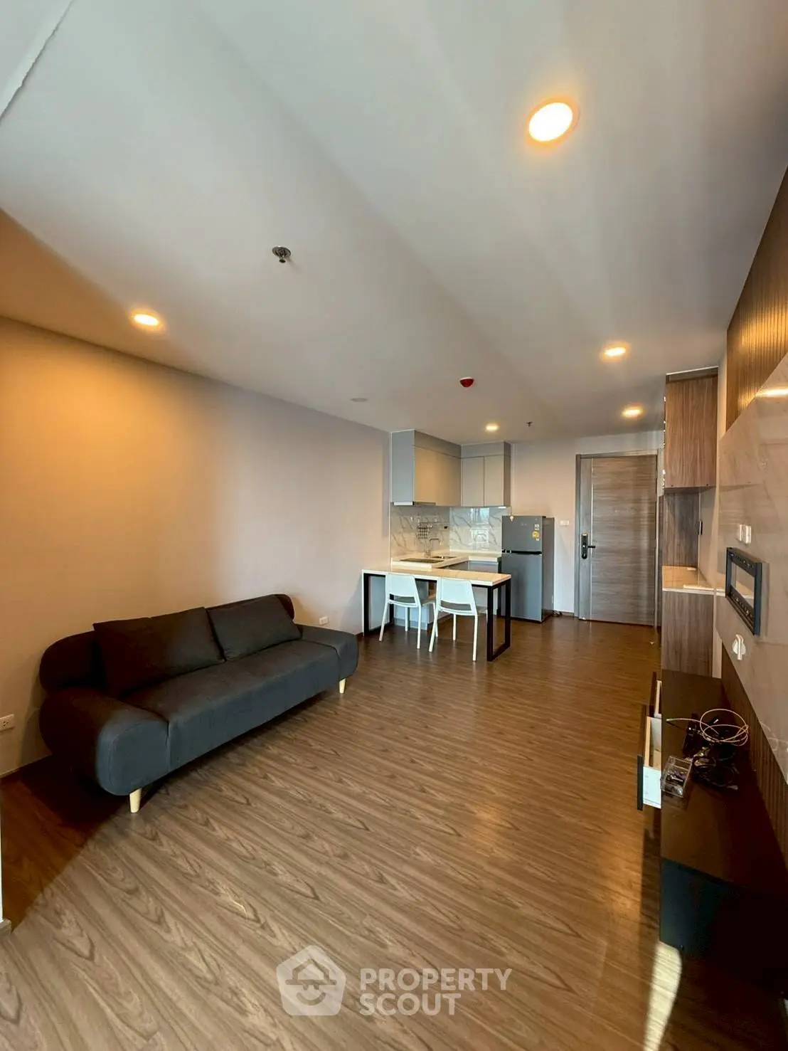 Modern open-layout living room with sleek kitchen and cozy sofa