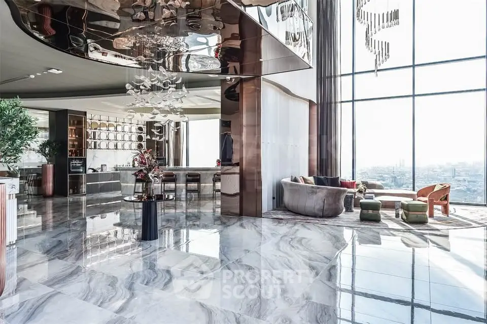 Luxurious modern living room with panoramic city views and elegant marble flooring.