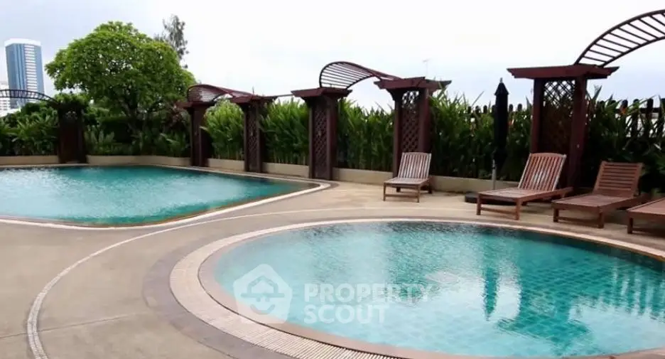 Luxurious rooftop pool area with elegant design and city views