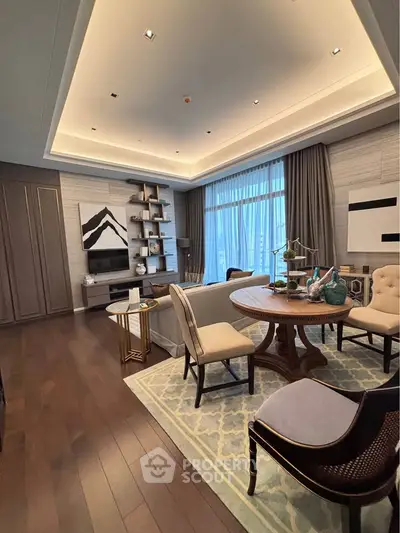Luxurious living room with elegant decor and large windows