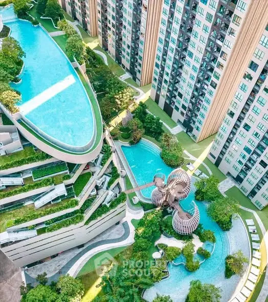 Luxurious high-rise apartment complex with stunning rooftop pool and lush gardens.