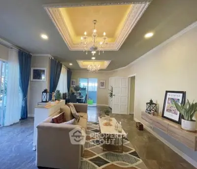 Elegant living room with stylish ceiling design and cozy seating area