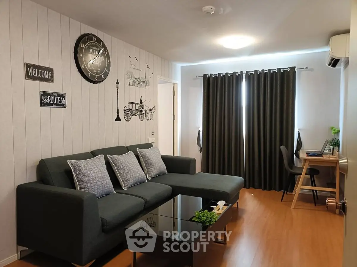 Modern living room with stylish decor and cozy seating area