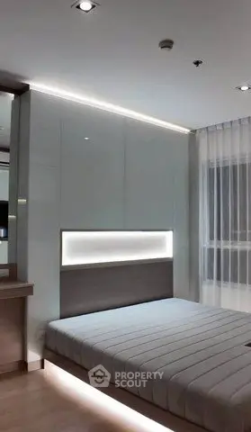 Modern bedroom with sleek design and ambient lighting