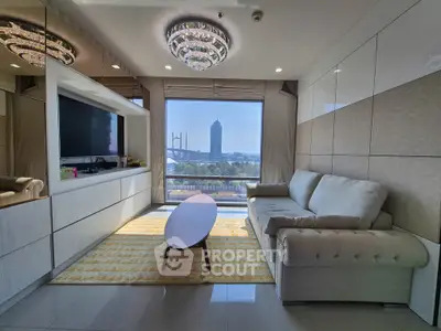Luxurious living room with stunning city view and elegant decor