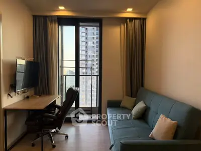 Modern living room with balcony view in high-rise apartment