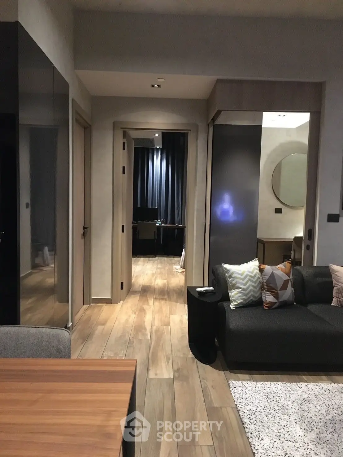 Modern apartment interior with cozy living area and stylish decor