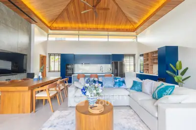 Luxurious open-plan living room with modern kitchen and elegant wooden ceiling