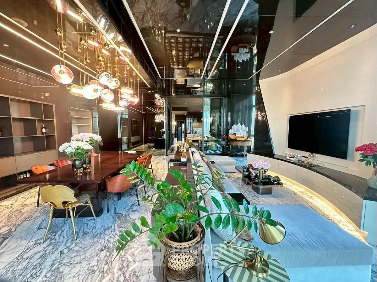 Luxurious modern living room with elegant decor and stylish lighting