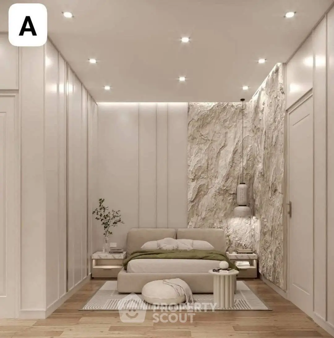 Luxurious modern bedroom with elegant stone accent wall and ambient lighting