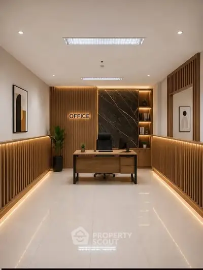 Modern office interior with sleek design and ambient lighting, featuring a stylish desk and decorative wall panels.