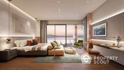 Luxurious bedroom with stunning lake view and modern decor