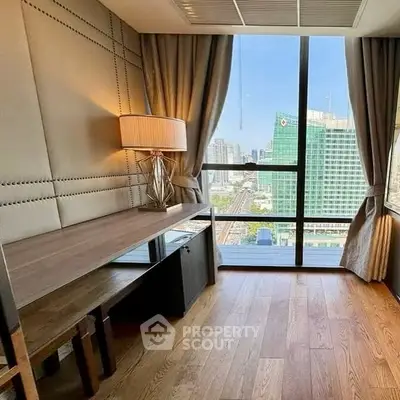 Modern study room with city view and elegant decor