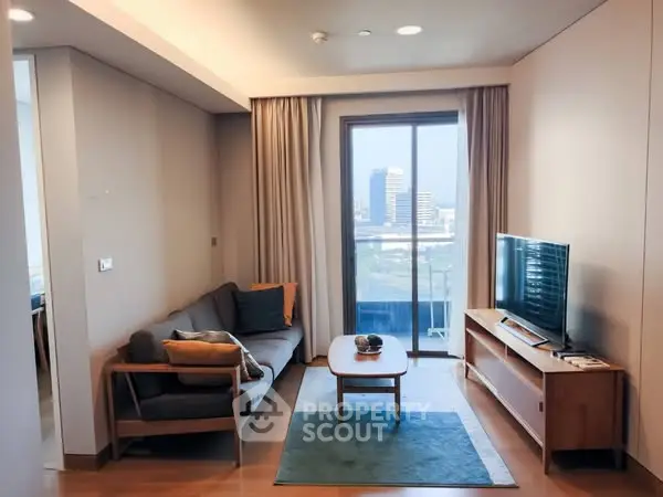 Modern living room with city view, stylish furniture, and natural light.