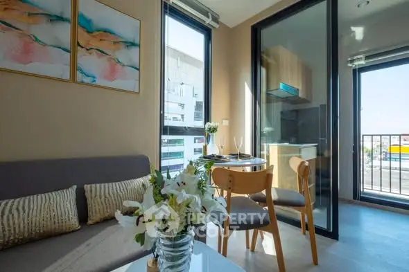 Modern living room with balcony view and stylish decor