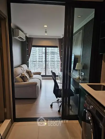 Modern living room with balcony view and stylish interior design