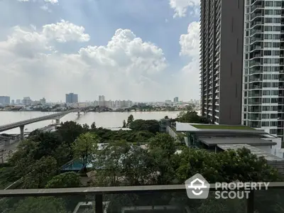 Breathtaking high-rise balcony view overlooking a serene river, lush greenery, and urban skyline, perfect for upscale city living.