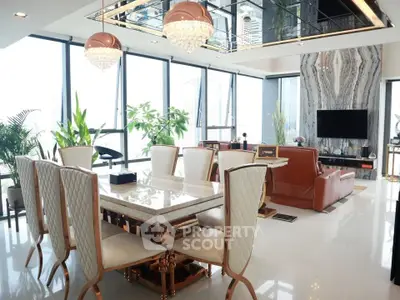 Luxurious modern living room with elegant dining area and panoramic city views.