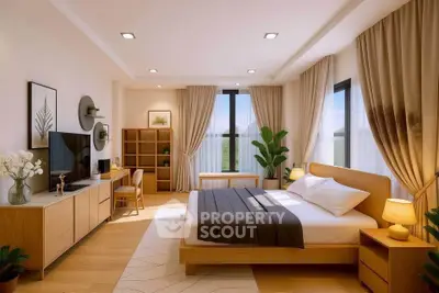 Spacious modern bedroom with elegant decor and natural light