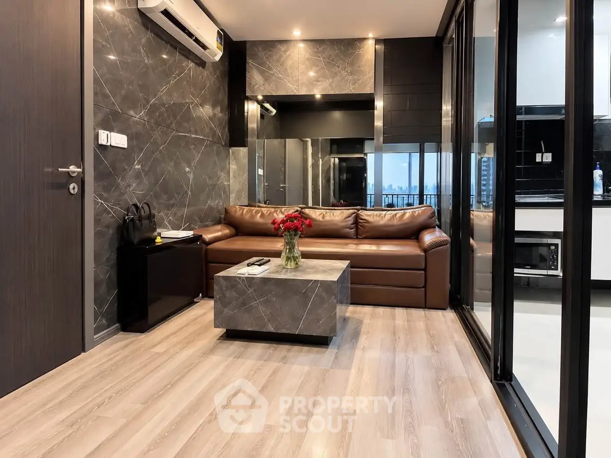 Luxurious modern living room with marble accents and city view