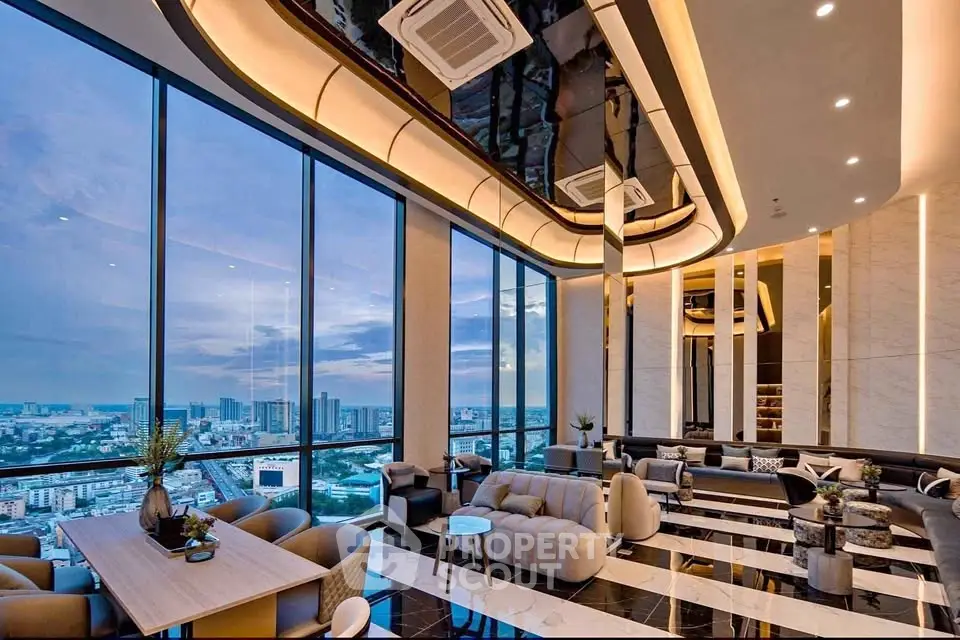 Luxurious modern living room with panoramic city views and elegant furnishings.