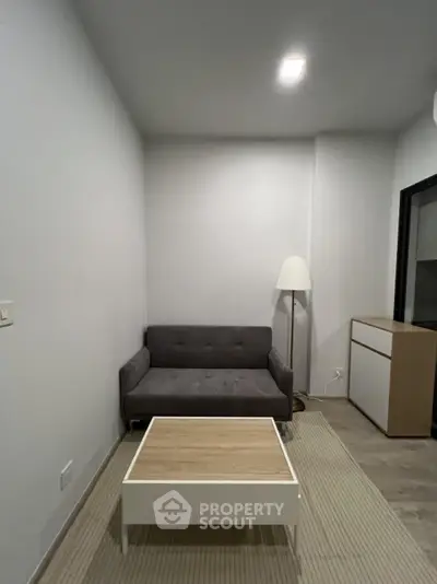 Cozy minimalist living room with modern sofa and stylish lamp