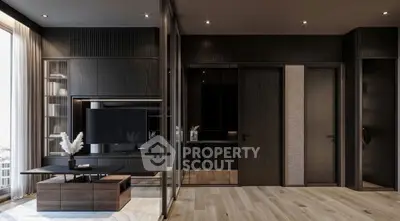 Luxurious modern living room with sleek design and large windows